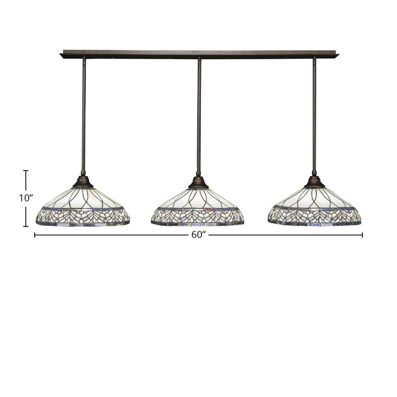 3 Light Stem Hung Linear Pendalier Shown With 16" Royal Merlot Art Glass, Bronze