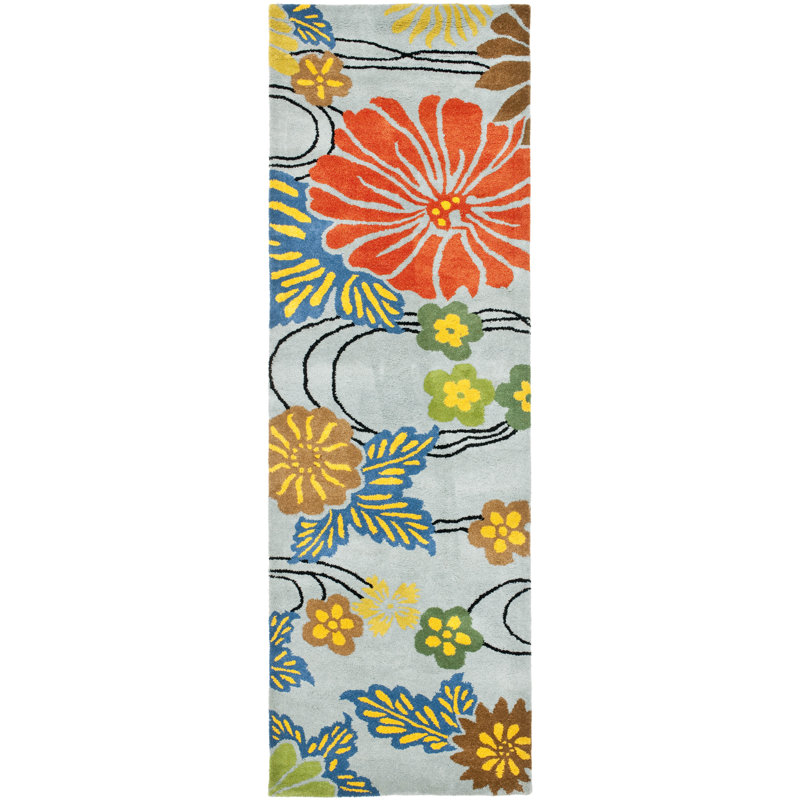 Tapis bleu / multicolore touffeté à la main Carolette, Tapis de couloir 2 pi 6 po x 6 pi