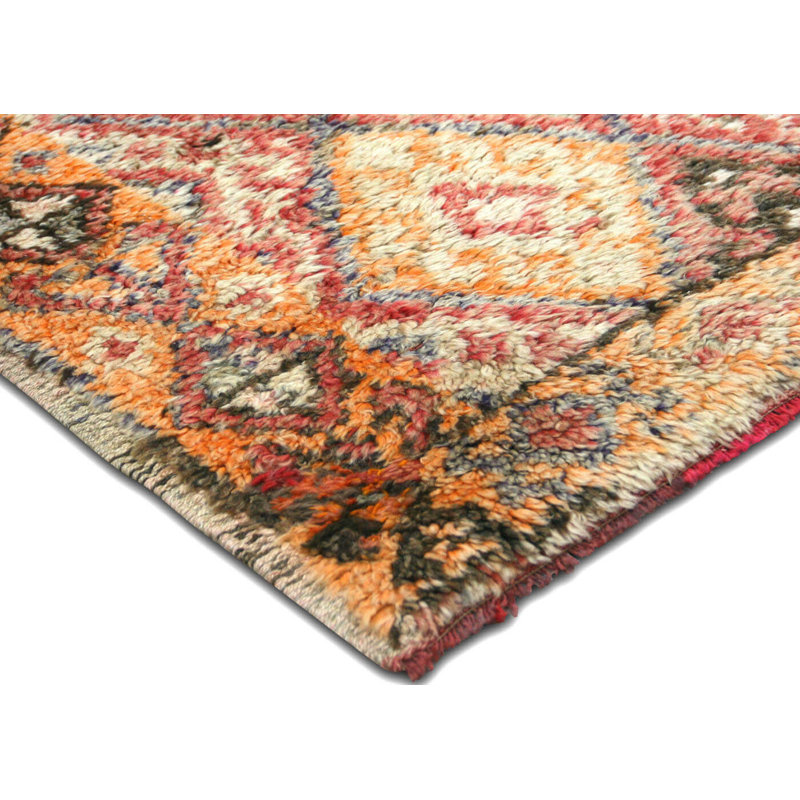 Tapis unique en laine noué à la main de style années 1960 de 3 pi 9 po x 5 pi 7 po en orange / noir / rouge / beige