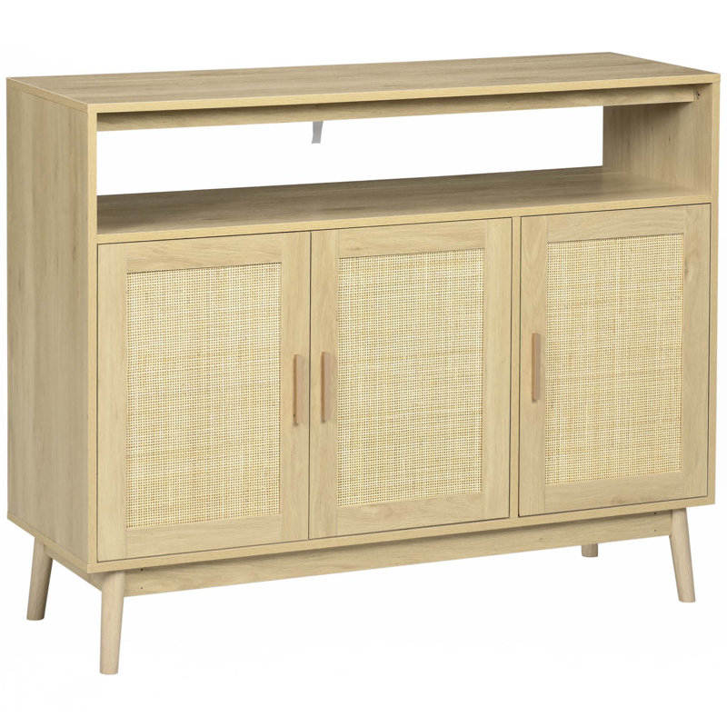 Buffet Bay Isle Home ™, armoire de rangement décorative, buffet de style boho avec 3 portes en rotin, tablettes intérieures réglables, pieds en bois pour la salle à manger, bois naturel