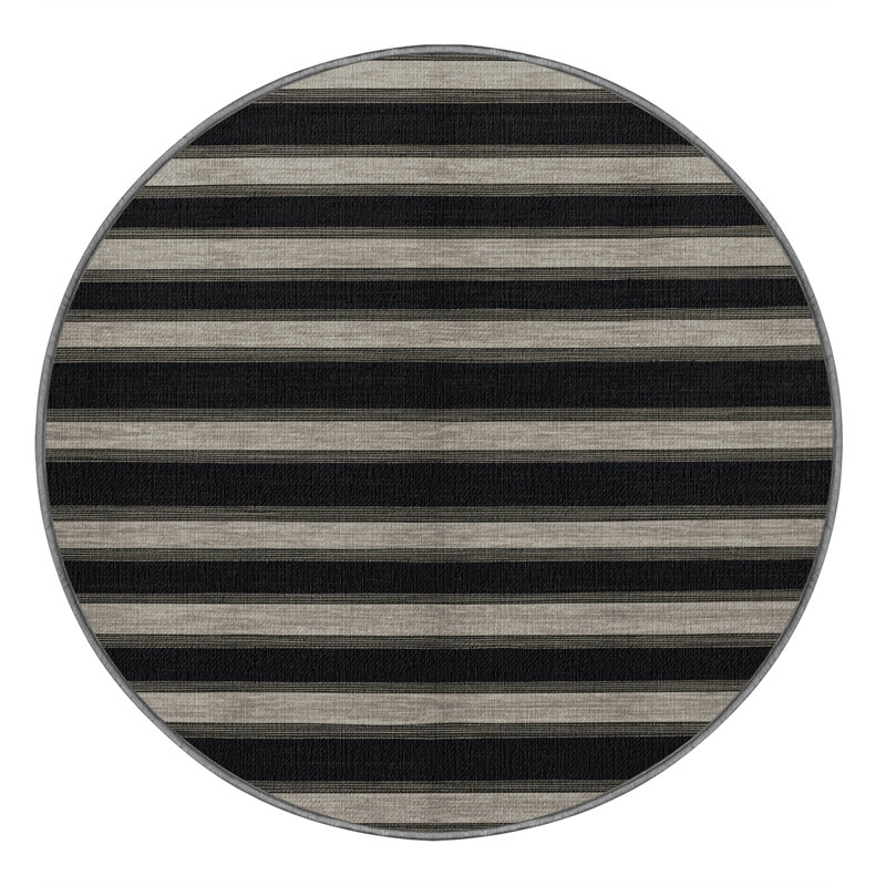 Washable Ebony Light Gray Striped Area Rug, Round 6'