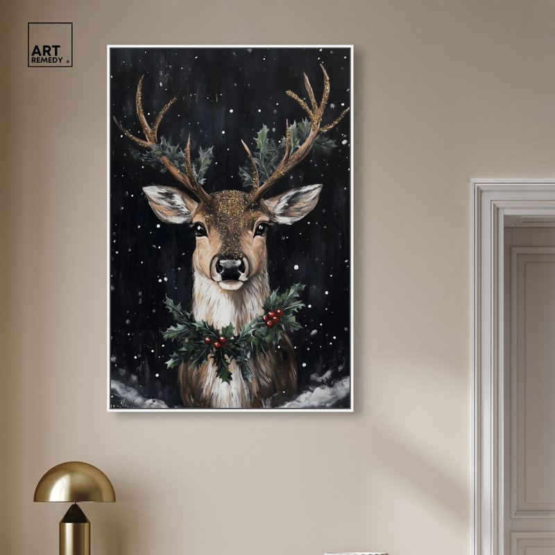 "Deer in Snowfall", reproduction d'art sur toile par Art Remedy, cadre blanc, 30 x 45, H 46 po x l 31 po, Cadre blanc