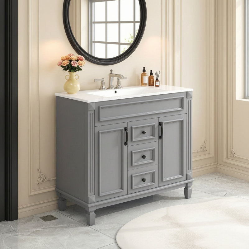 Meuble-lavabo simple avec lavabo en céramique, Gris