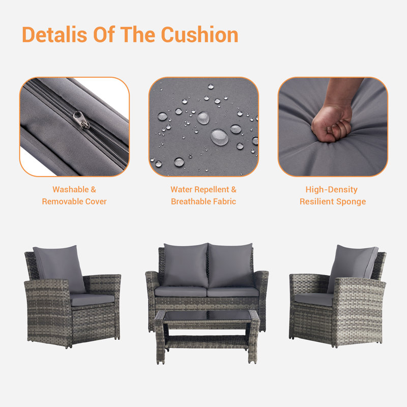 Wicker 4 - Person Patio Conversation Set, Gray