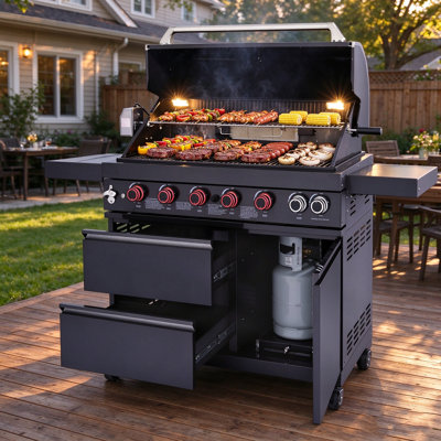 Bar de cuisine d'extérieur avec 6 brûleurs 85 000 BTU de luxe en acier inoxydable noir - Barbecue au propane avec 7 boutons de commande, ensemble de rôtisserie, 2 tiroirs et roulettes