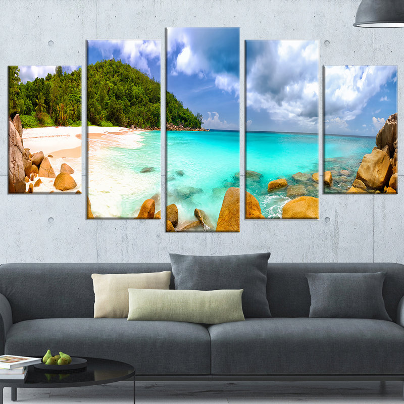 « seychellois beach panorama », ensemble de 5 impressions sur toiles tendues