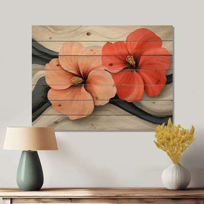 Sunset Hues Hibiscus Liquid Art Harmony II - Hibiscus Wood Wall Art - On Natural Pine Wood