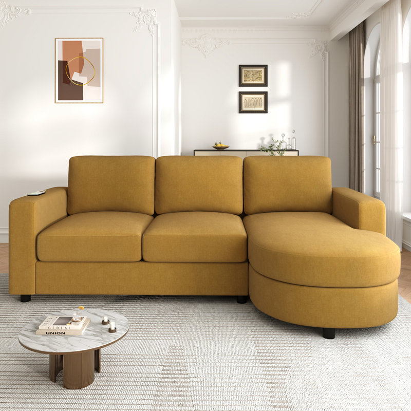 Canapé modulaire moderne en L de 84,6 po avec méridienne courbée, ports USB et poches de rangement latérales, Chenille jaune