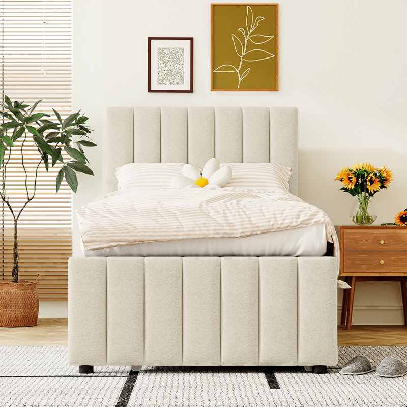 Lit plateforme tapissier simple en lin beige avec lit gigogne et design fonctionnel et 3 tiroirs