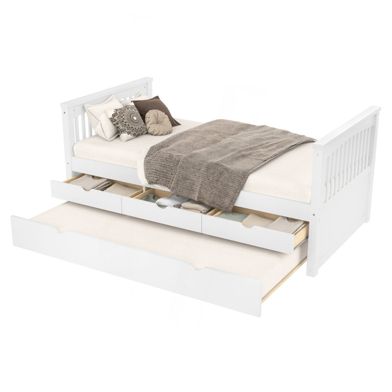 Twin Platform Bed With Drawers And Trundle, Solid Wood Daybed, No Spring Box Needed, White, Off White
