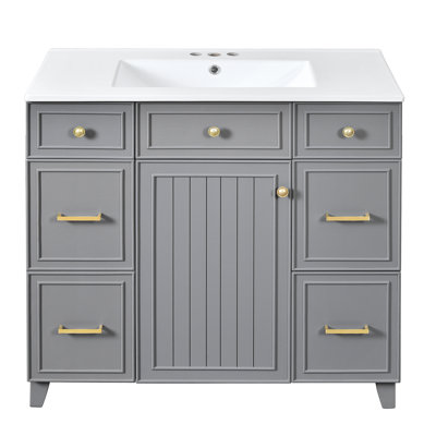 36" Bathroom Vanity With Ceramic Sink,Solid Wood Frame, Soft Close Doors, Adjustable Shelves, 3 Drawers