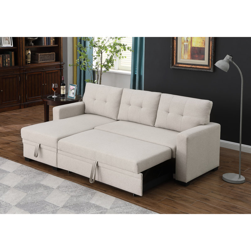 Canapé modulaire rembourré beige avec méridienne - rembourrage en mousse de lin à 3 sièges, coussins de dossier amovibles et rangement pour accueillir et divertir les attentes des visiteurs de nuit