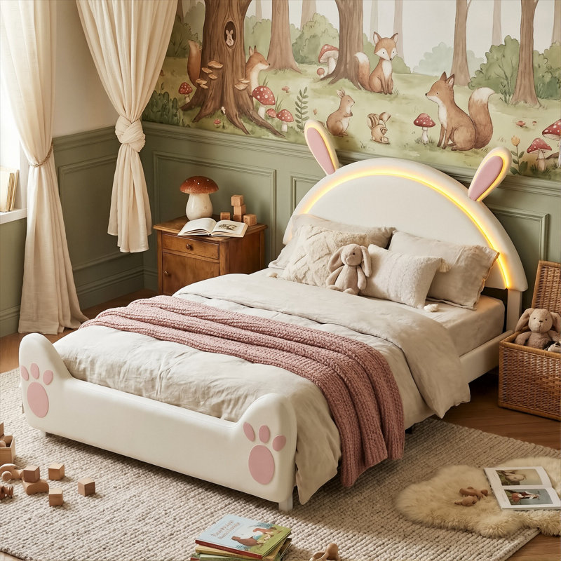 European Single & Double Velvet Bed with LED Nightlight, Upholstered Frame with Rabbit Design & Under-Bed Clearance, Pink / Beige