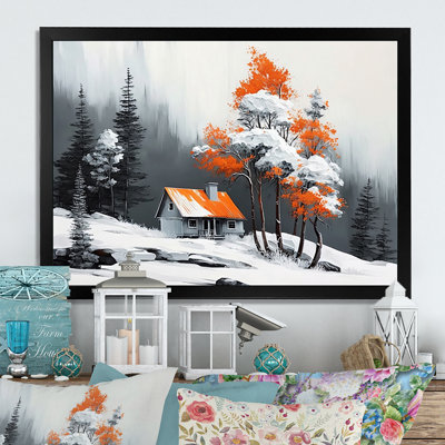 Monochère orange chalet en hiver 1 IV - paysage, art mural sur toile
