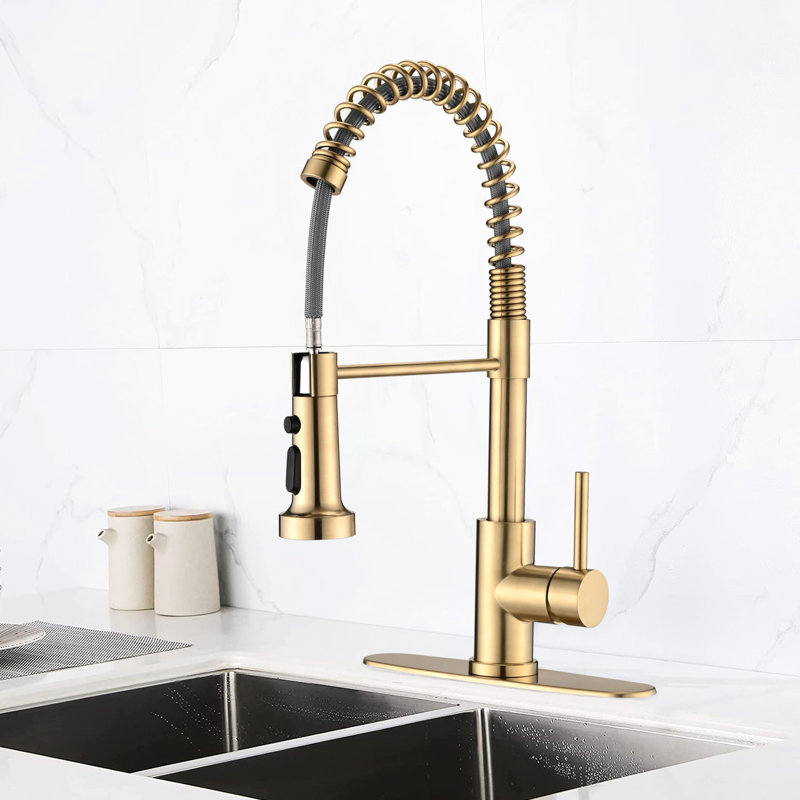 Kitchen Sink Faucet In Brushed Gold With Pull Down - Rust Material, 4.72" Spout, 1.8Gpm For Stainless Steel, Pause Function, Spout Height