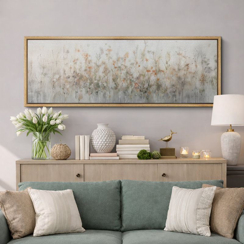Light Neutral Botanical Abstract Artwork with Soft Floral Forms, Living Room Pictures, Framed Canvas Giclee Print Wall Art
