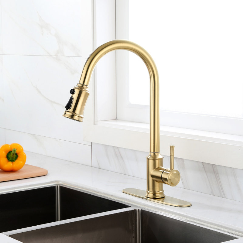 Robinet de cuisine avec fonction tactile et rétractable en or brossé, composant principal en acier inoxydable, levier unique pour contrôler la température du débit d'eau, bec à arc élevé rotatif à 360 °, surface de corrosion,