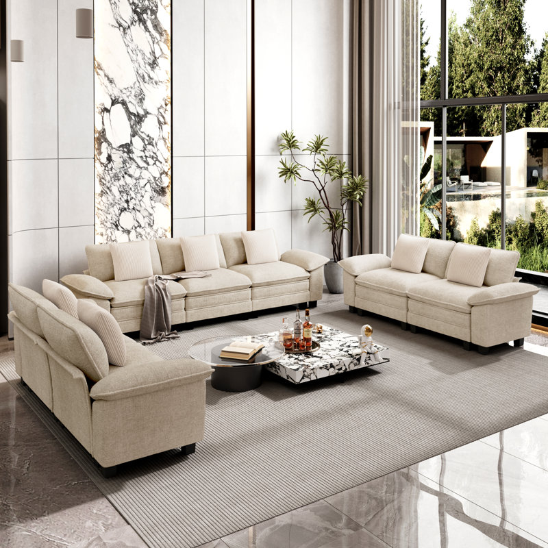 7 Piece Modular Living Room Set, Ivory Chenille