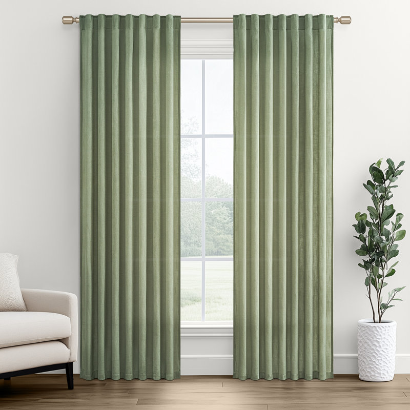 Rideau en lin avec passe-tringle Dennan, rideaux semi-transparents en lin pour la chambre à coucher, Vert sauge