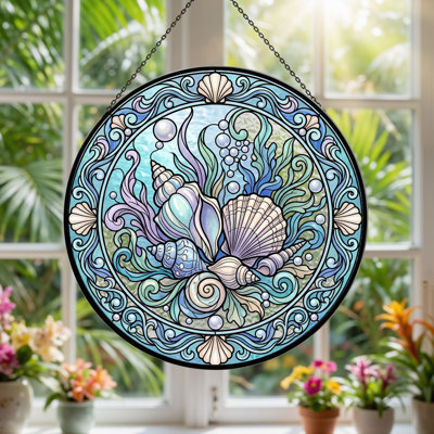 Seashell Spiral Stained Glass Window Panel，12"H