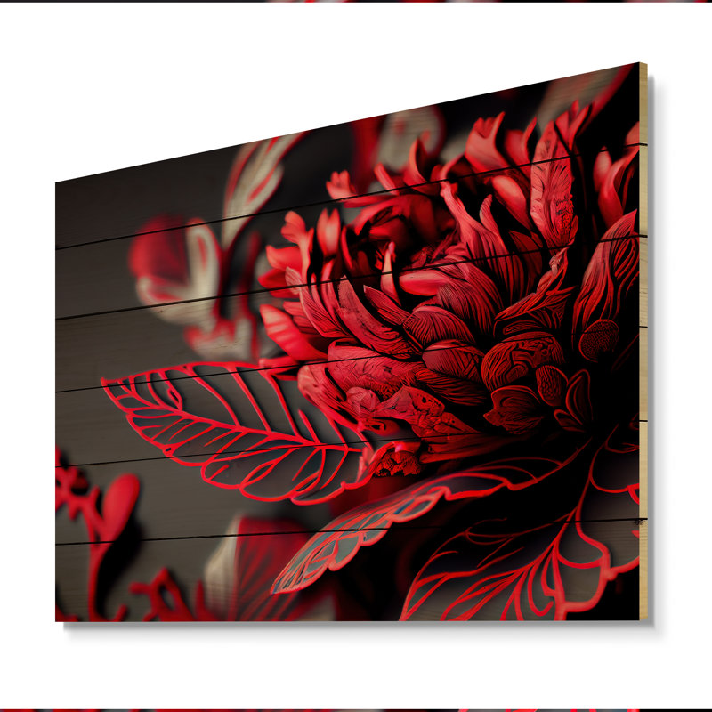 «Blossoming Rose» en rouge et gris II - art mural floral, H 16 po x l 32 po x P 1 po, Bois
