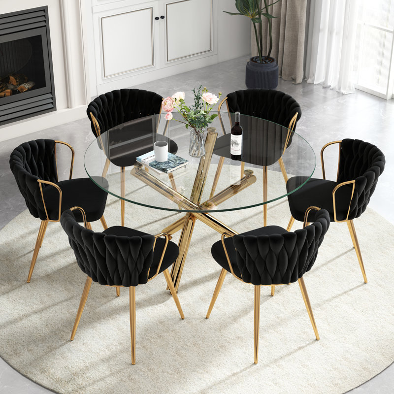 Ensemble de salle à manger 47 po, 7 pièces : table, 6 chaises, Noir, Doré
