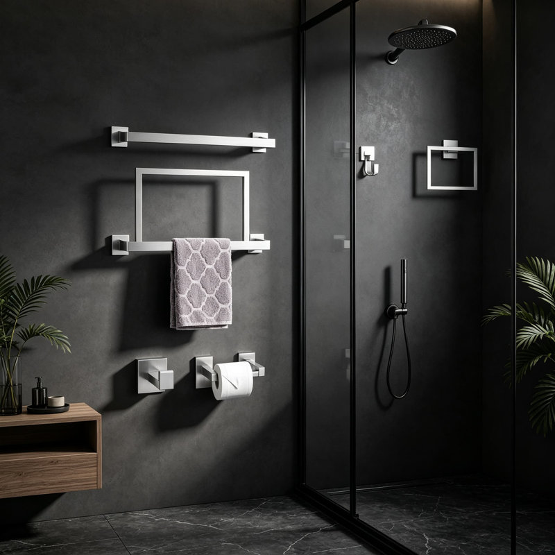 Ensemble de 5 barres porte-serviettes de salle de bain en nickel brossé avec porte-essuie-tout double base, design carré moderne, fixations murales en acier inoxydable SUS304, 60 cm (23,6 pouces).