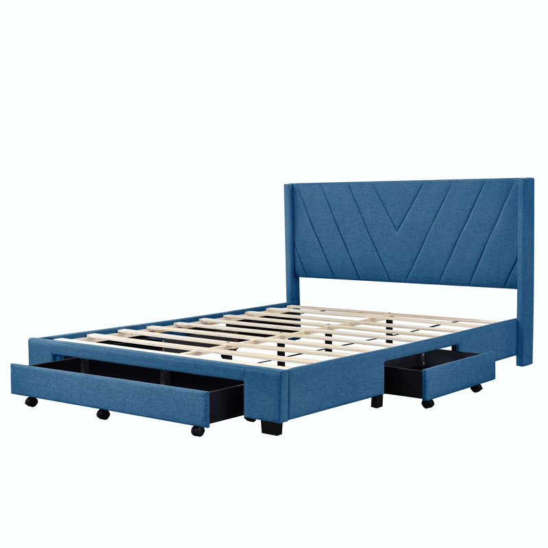 Lit plateforme tapissier à 3 tiroirs Daleb, Bleu