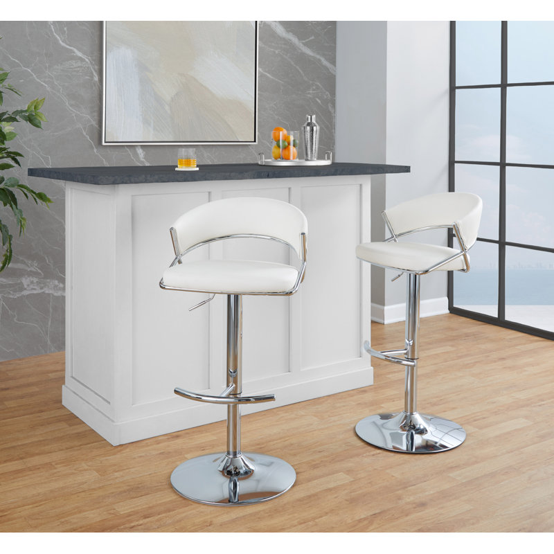 Loehr Adjustable Bar Stools with Rounded T Footrest, Chrome, White Faux Leather
