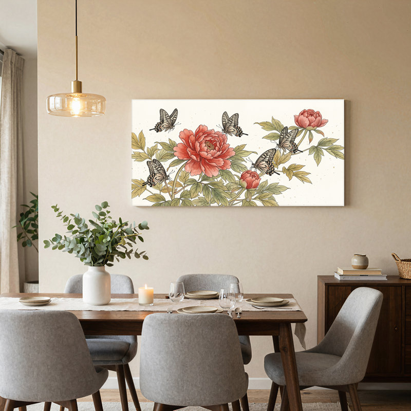 Art mural sur toile rose avec pivoines roses et papillons, 32“W x 16”H
