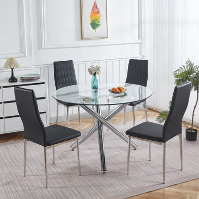 Ensemble de salle à manger 1 + 4, 5 pièces avec pieds Mid-Century en métal pour 4 à 6 personnes, plateau de table en verre, conception à piédestal, idéal pour les loisirs