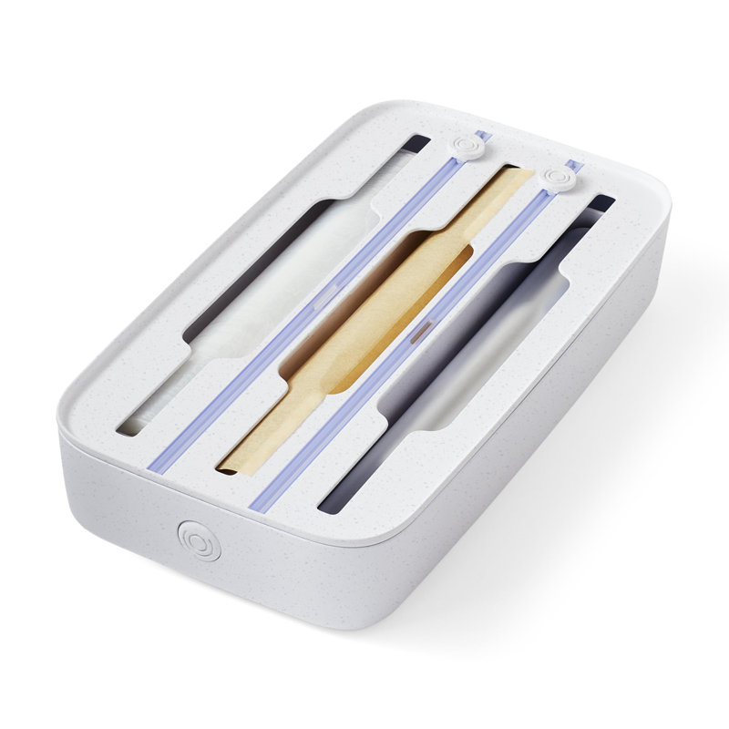 3-en-1, organisateur de tiroir pour papier d'aluminium, pellicule de plastique, papier parchemin et cire avec coupeurs de sécurité et étiquettes pour l'organisation de la cuisine