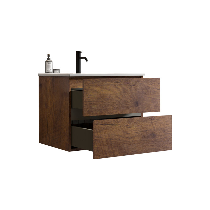 Meuble-lavabo mural en noyer de 24 po avec lavabo en céramique avec un trou de robinet, grand meuble-lavabo flottant de rangement pour salle de bain moderne, lavabo une pièce sans drain et robinet, pré-assemblé
