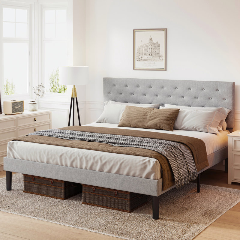 Light Grey Bed Frame With Adjustable Border Headboard, Bed Frame, King