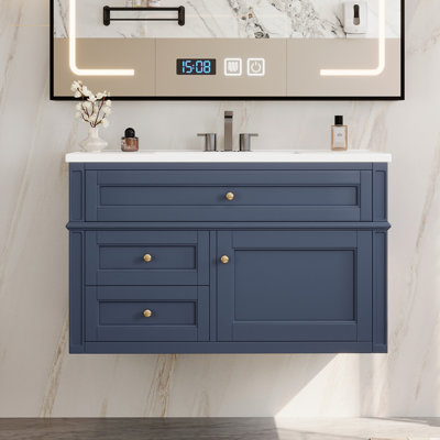 Wall Mounted Bathroom Vanity, Floating Bathroom Storage Cabinet with 2 Drawers, 1 Tip-out Drawer, 3 Holes Single Ceramic Sink, Modern Cabinet.