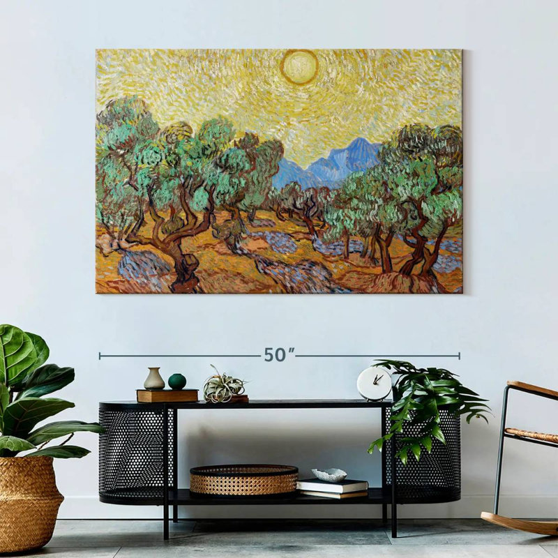 Olive Harnek avec ciel jaune et soleil, H 34 po x l 51 po