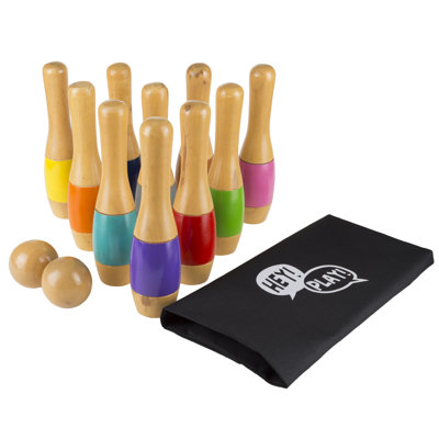 Wood Bowling Set - Indoor and Outdoor Game for Toddlers, Kids, and Adults with 10 Wooden Pins, 2 Ball