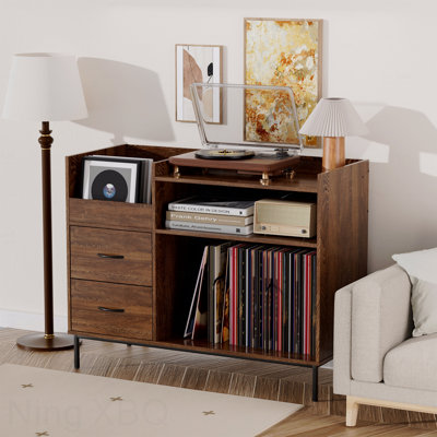 Record Player Stand With Adjustable Shelves, Holds 350+ Vinyls, Media Console With Speaker Shelf & 2 Drawers, 27.6" Turntable TV Stand For Living Room, Bedroom, Some Assembly Required