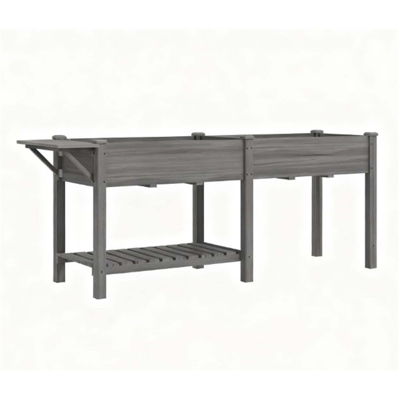 Spacious Elevated Garden Bed,Wood Raised Garden Box,With Side Table,Bottom Shelf,Bed Liners And Drainage Holes, Gray
