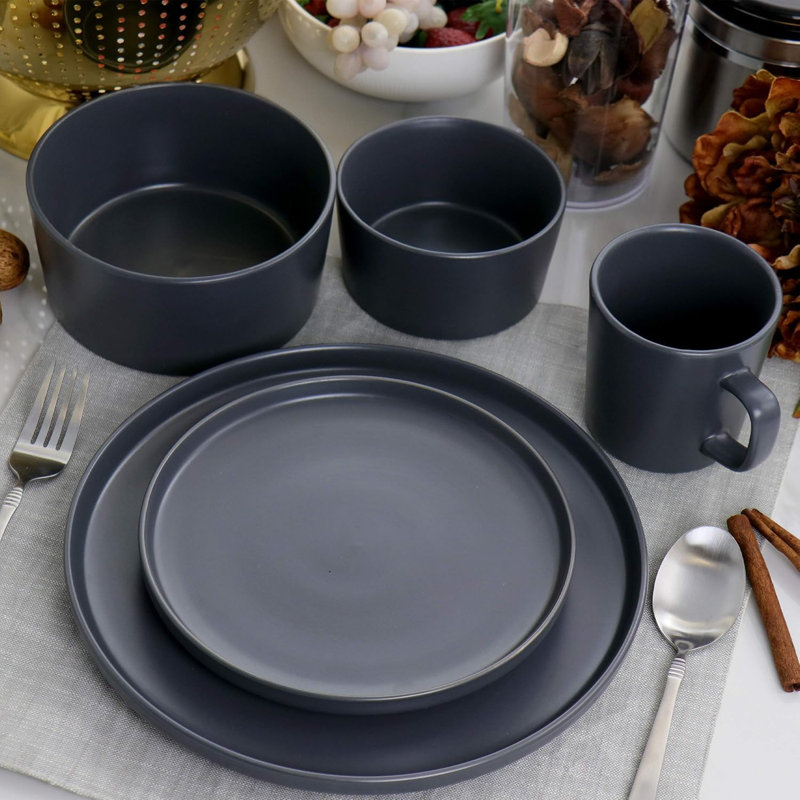 Ensemble 20 pièces de vaisselle en grès mat - Assiettes, bols et tasses ronds modernes, Gris foncé
