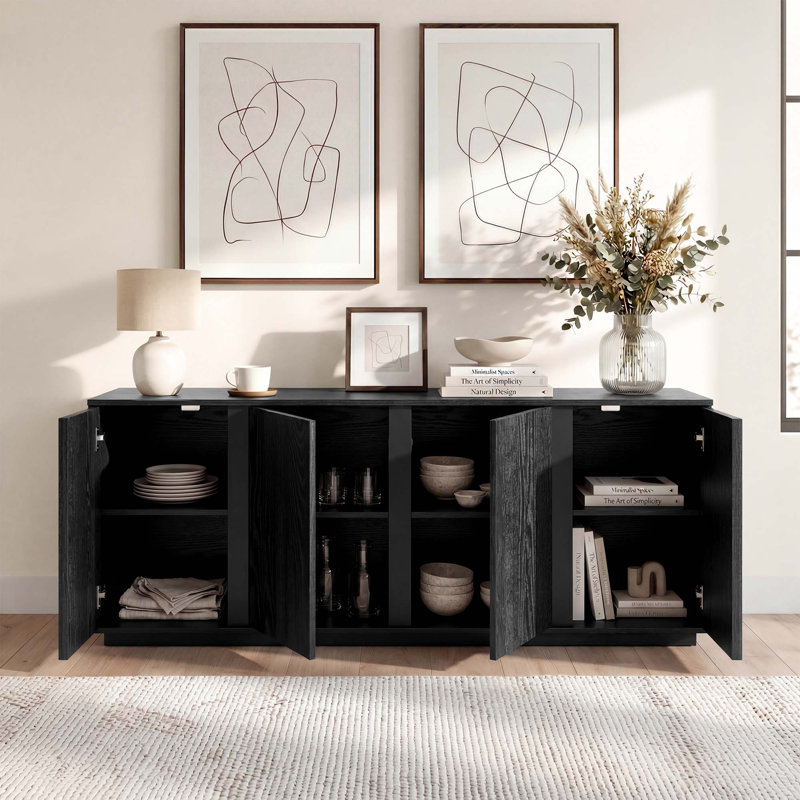 63''W Modern Fluted Sideboard with Adjustable Shelves, Black