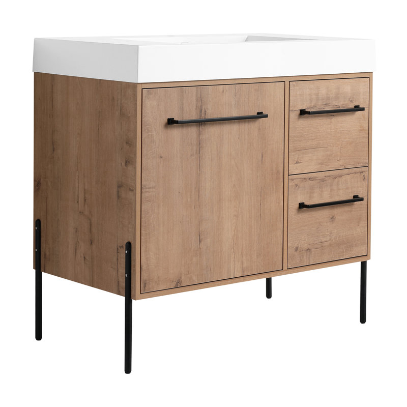 Meuble-lavabo sur pied 36 po avec lavabo en résine blanche et porte d'armoire à fermeture douce et 2 tiroirs ((KD-PACKING)