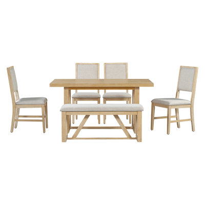 Retro Dining Set, Rectangular Table With Designed Trestle Base And Upholstered Chairs And Bench