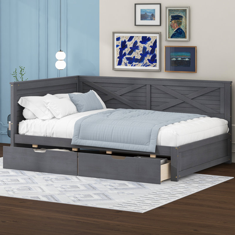 Lit de jour simple en bois avec deux compartiments de rangement et garde-corps rustique, Gris