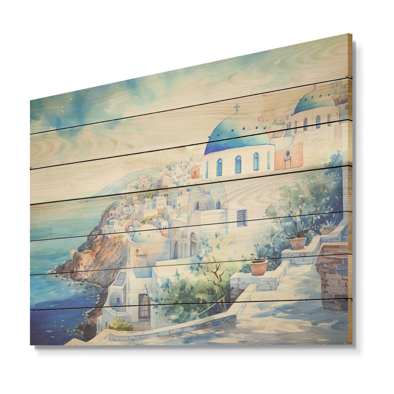«Blue and White Santorini Village II» - Grèce sur bois, H 10 po x l 20 po x P 0,78 po