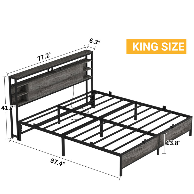 Bed Frame With Charging Station And RGB LED Lights, Headboard With Storage No Box Spring Needed, Gray, King