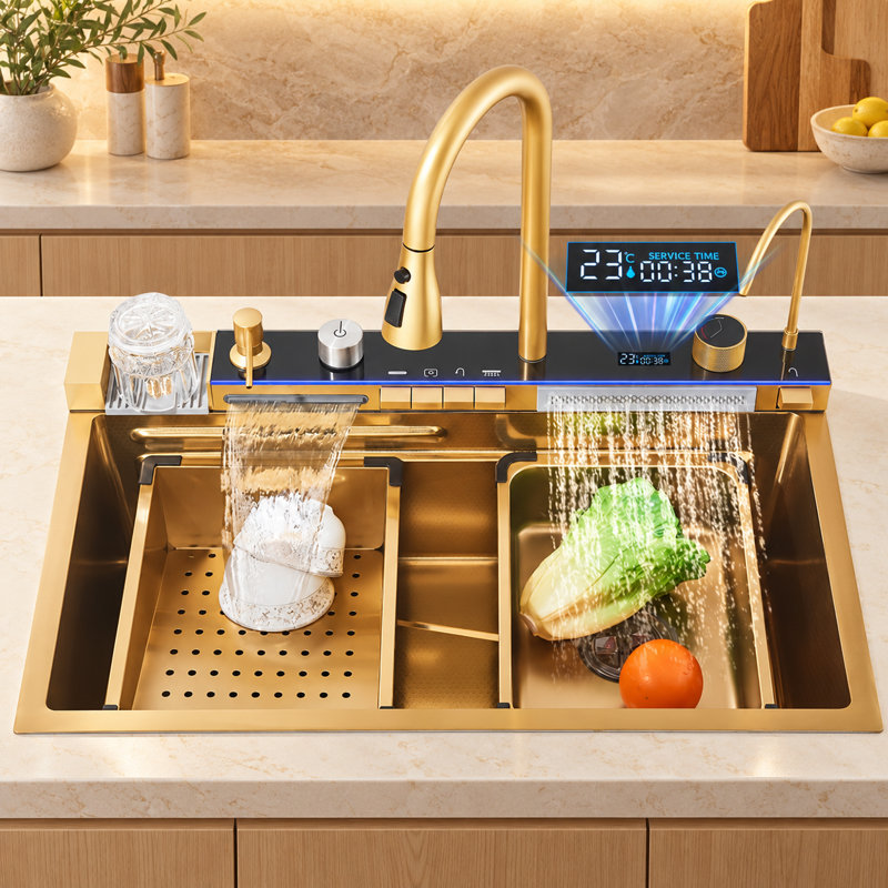 29.5'' L Single Bowl Stainless Steel Kitchen Sink, Gold