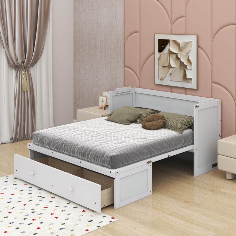 Lit escamotable avec port USB et tiroir, Blanc, Grand lit