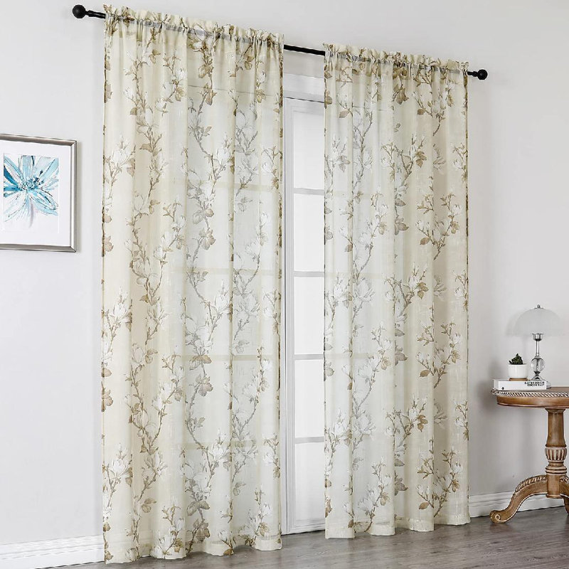 Natural Floral Semi Sheer Polyester Window Panel Pair