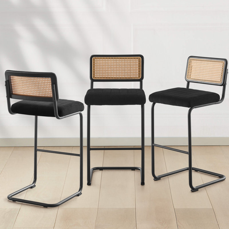 Georgios Velvet Upholstered Cane Back Bar & Counter Stool, Counter Stool (26" Seat Height), Black Velvet/ Black Frame